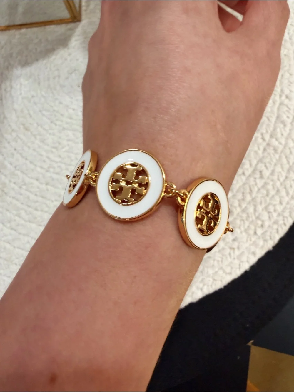 Tory Burch White Enamel Gold Hollow Round Bracelet | New with dust bag